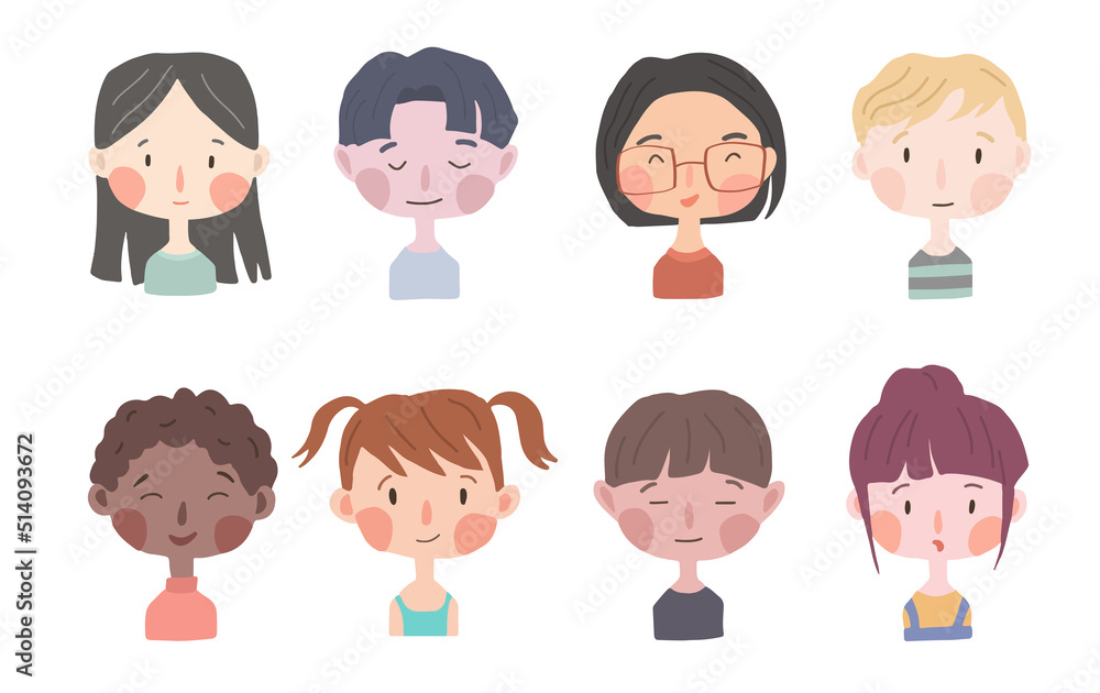 Hand-drawn cartoon children. Facial portraits. Boys and girls avatar. Hand-drawn cartoon children. Facial portraits. Boys and girls avatar.