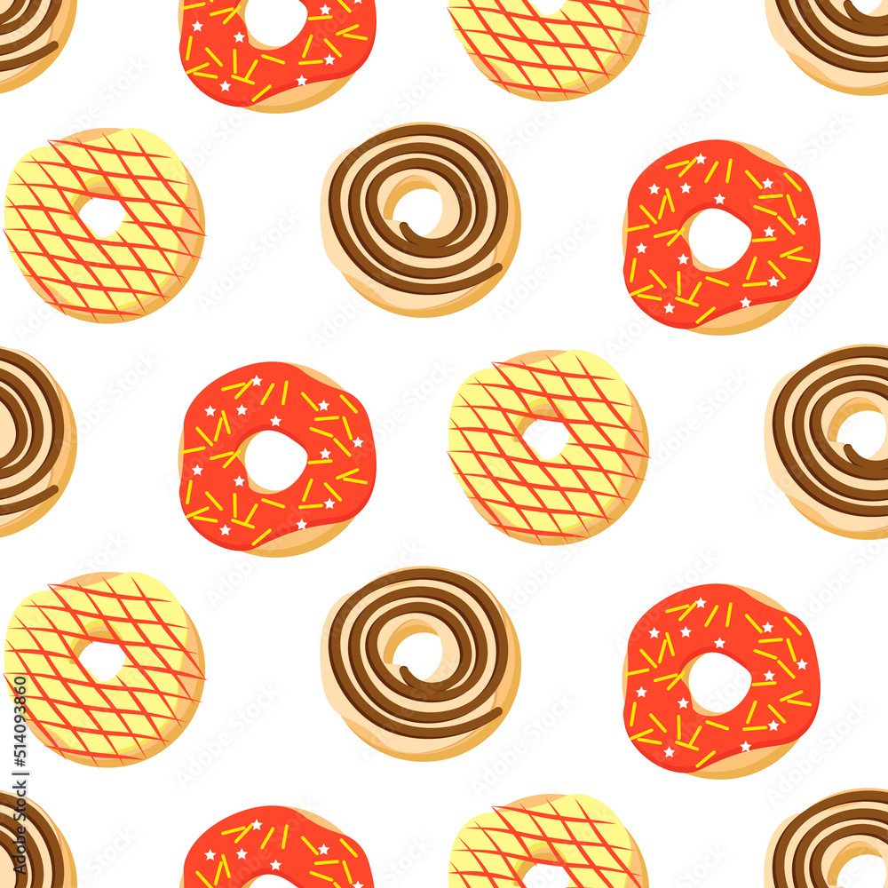 Pattern with sweet donuts. Vector illustration isolated on white background. For menus and cafes, flyers, prints and packaging, shops and markets, holidays. Pattern with sweet donuts. Vector illustration isolated on white background. For menus and cafes, flyers, prints and packaging, shops and markets, holidays.