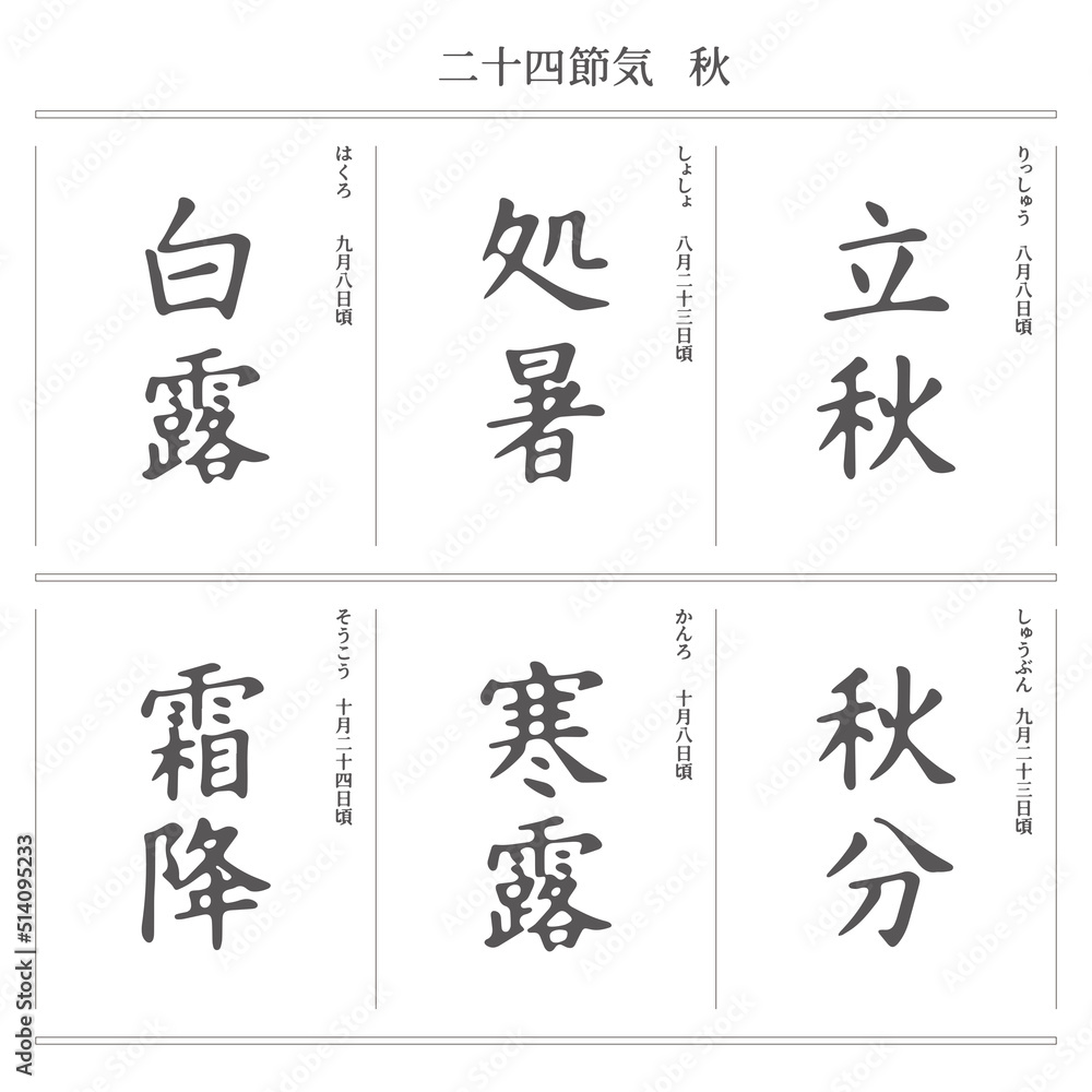 二十四節気。秋のロゴ。立秋・処暑・白露・秋分・寒露・霜降 二十四節気。秋のロゴ。立秋・処暑・白露・秋分・寒露・霜降