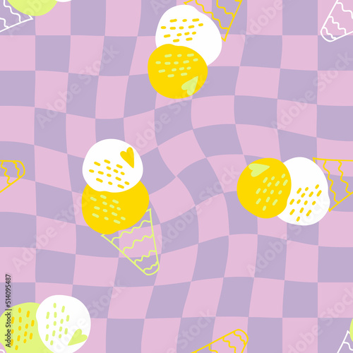 Checkered vintage ice cream seamless pattern in 1960 style. Aesthetic retro print for fabric, paper, T-shirt. Hand drawn vector illustration for decor and design.