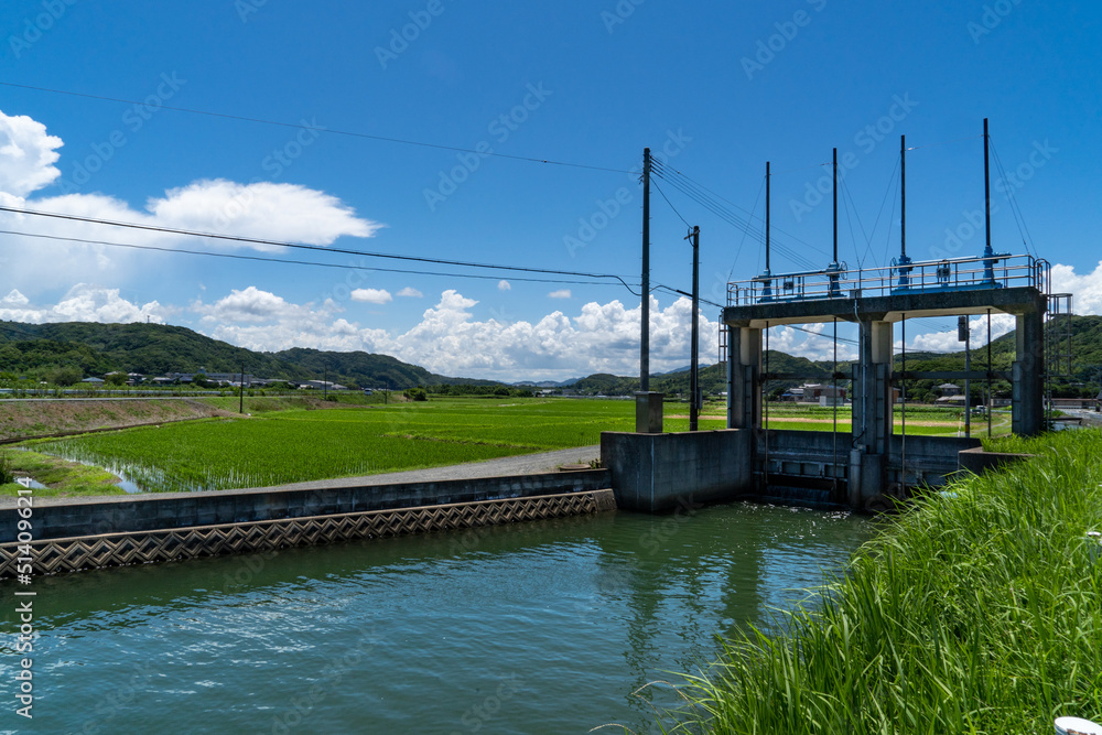 Stream and weir are in rural area of Fukuoka Prefecture, JAPAN.