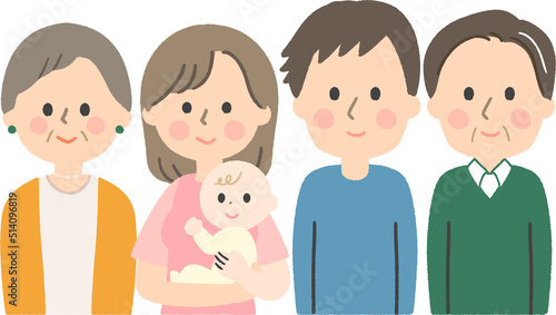 赤ちゃんを抱く若い夫婦と老夫婦