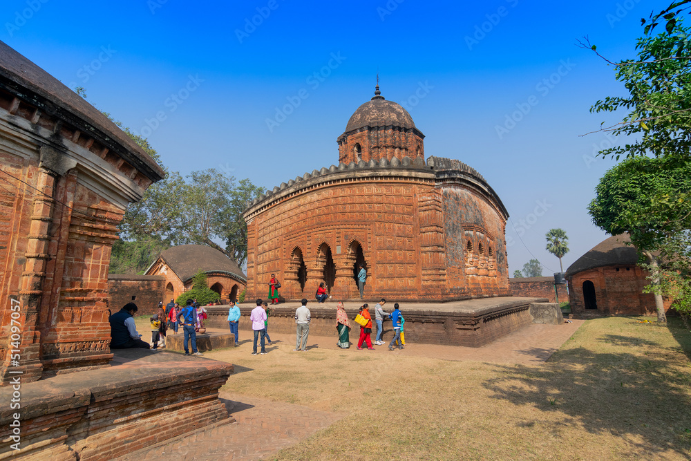 BISHNUPUR, WEST BENGAL / INDIA - DECEMBER 26, 2015 : Famous terracotta (fired clay of a brownish-red colour, used as ornamental building material) artworks at Madanmohan Temple, UNESCO heritage site.