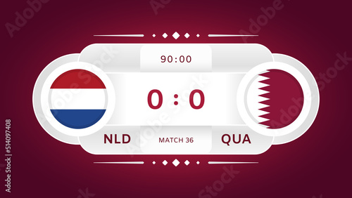 Netherlands Vs Qatar Match. Football 2022. World Football Championship Competition Infographics. Group Stage. Group A. Poster, Announcement, Game Score. Scoreboard Template. Vector