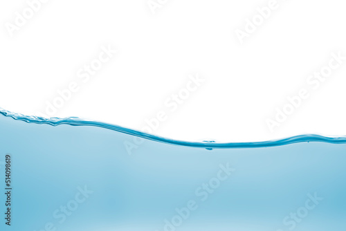Clear blue water surface, wave and bubbles isolated on white background.