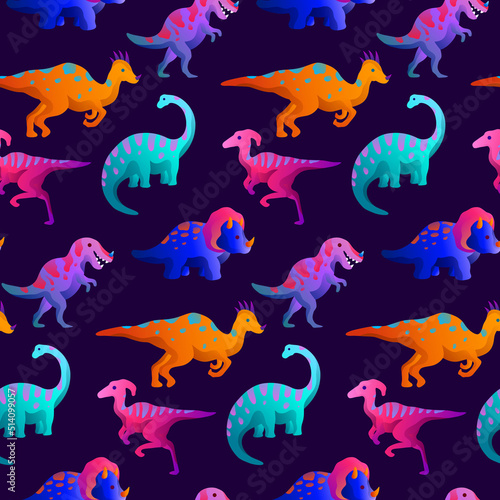 Neon Dinosaur Vector Seamless Pattern