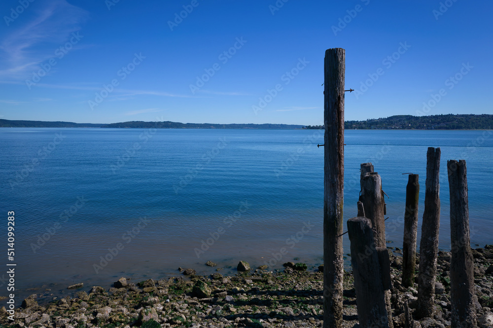 Remains of a wooden pier overlooking the Puget Sound in Tacoma, Washington.