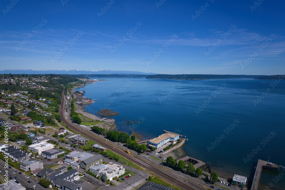 Drone view of Old Town Tacoma looking of Puget Sound.