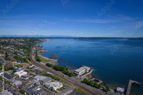 Drone view of Old Town Tacoma looking of Puget Sound.