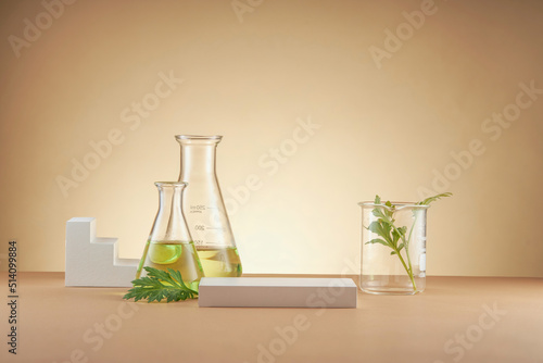 Front view of mugwort ( artemesia vulgaris ) decorated in petri dish glassware white poodium and brown background photo