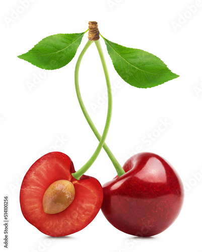 Cherry isolated. Ripe sweet cherry and half cherry with green leaves on a white background.