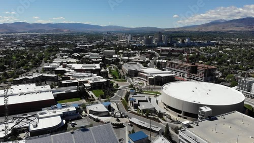 Downtown Reno Nevada Aerial Drone shot from above the University of Nevada Campus photo