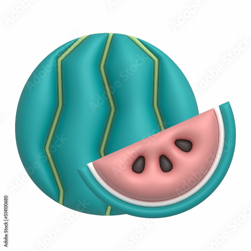 3d Cartoon whole watermelon and cut an half. summer icon isolated. cute design element 