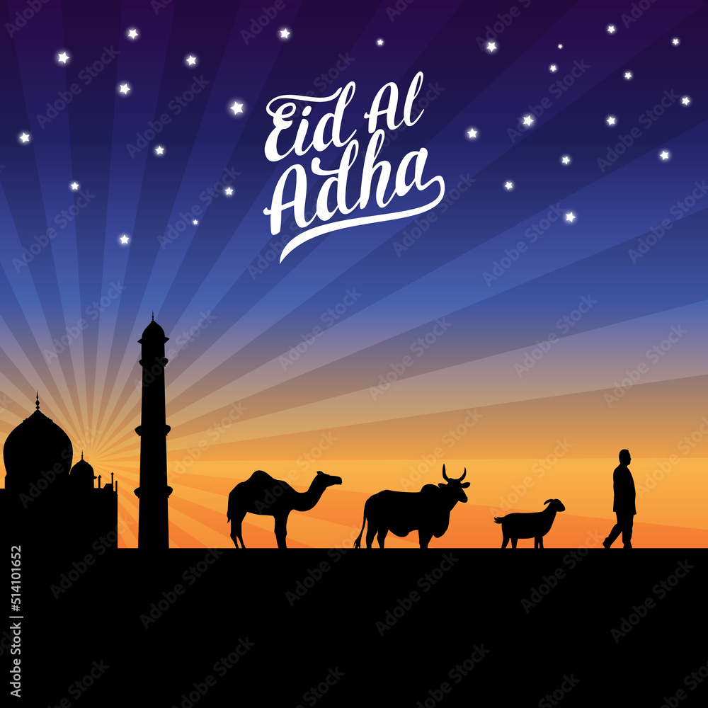 Fototapeta premium Islamic flat design illustration concept for Happy eid al adha or sacrifice celebration event with people character for banner