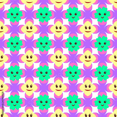Vector seamless pattern of Y2K Cute Funny Flower with smiling faces. Happy Positive. 70s, 80s, 90s vibes stickers. Retro style. Patches Collection. © Iryna Usachova