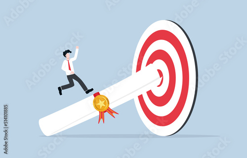 Having certificate of employment or work experience to get bigger job opportunity, earning trust to work with business goal concept. Businessman running to target by certificate ladder.