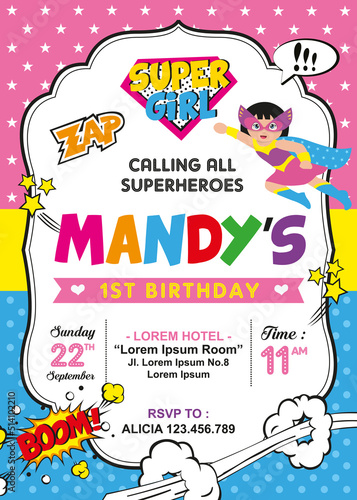 Birthday party invitation card with cute superhero girl vector illustration