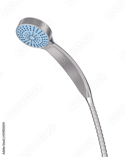 Shower head with metal hose and nozzle for water on white background. Isolated 3d illustration