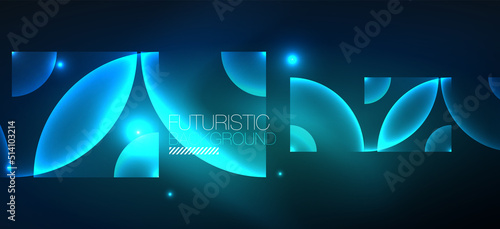 Shiny neon geometric abstract background. Glowing lights on round shapes, triangles and circles. Wallpaper for concept of AI technology, blockchain, communication, 5G, science, business