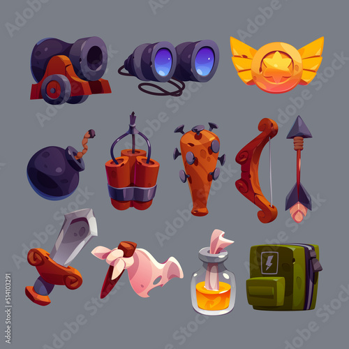 Military game icons cartoon vector set. Isolated war weapon collection, cannon with bomb, binoculars and sword, dynamite and incendiary mixture in bottle, white flag and spiked mace, golden badge