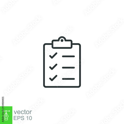 Checklist clipboard line icon. Simple outline style. Quality, check, tick, list, service, data, document, clinic, good, survey concept. Vector illustration isolated on white background. EPS 10