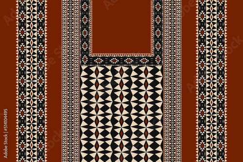 Vector ethnic west african color style neck embroidery geometric pattern design with border. Elegant tribal art fashion for shirts.