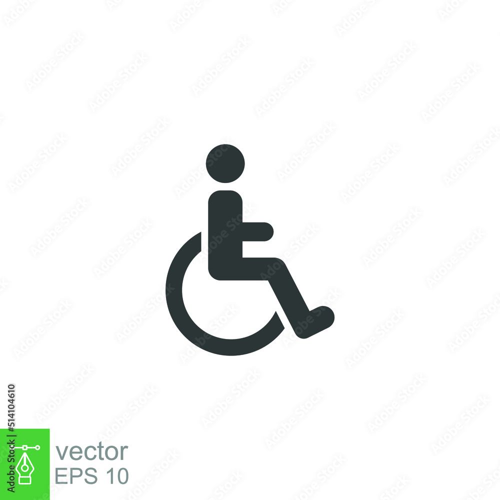 Disable, handicap glyph icon. Simple solid style. Symbol, chair, parking, wheel, access, person, pictogram, reserved, transport concept. Vector illustration isolated on white background. EPS 10 Disable, handicap glyph icon. Simple solid style. Symbol, chair, parking, wheel, access, person, pictogram, reserved, transport concept. Vector illustration isolated on white background. EPS 10