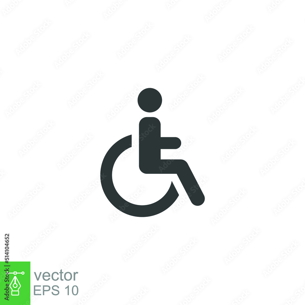 Disable, handicap glyph icon. Simple solid style. Symbol, chair, parking, wheel, access, person, pictogram, reserved, transport concept. Vector illustration isolated on white background. EPS 10 Disable, handicap glyph icon. Simple solid style. Symbol, chair, parking, wheel, access, person, pictogram, reserved, transport concept. Vector illustration isolated on white background. EPS 10