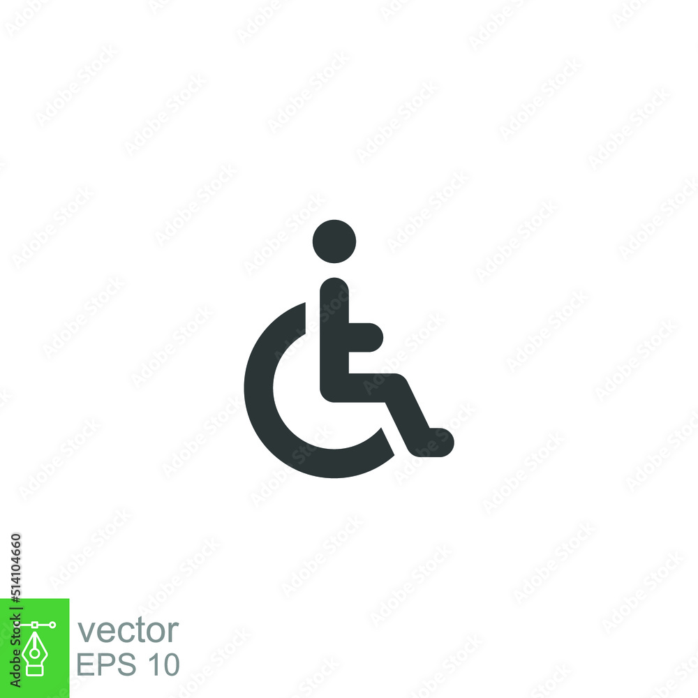 Disable, handicap glyph icon. Simple solid style. Symbol, chair, parking, wheel, access, person, pictogram, reserved, transport concept. Vector illustration isolated on white background. EPS 10 Disable, handicap glyph icon. Simple solid style. Symbol, chair, parking, wheel, access, person, pictogram, reserved, transport concept. Vector illustration isolated on white background. EPS 10