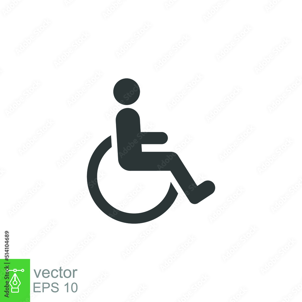 Disable, handicap glyph icon. Simple solid style. Symbol, chair, parking, wheel, access, person, pictogram, reserved, transport concept. Vector illustration isolated on white background. EPS 10 Disable, handicap glyph icon. Simple solid style. Symbol, chair, parking, wheel, access, person, pictogram, reserved, transport concept. Vector illustration isolated on white background. EPS 10