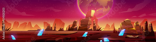 Mars landscape, alien planet sunset background, red desert surface with mountains, blue cristals and stars shine on pink sky. Martian space ground, scenery game backdrop, cartoon vector illustration