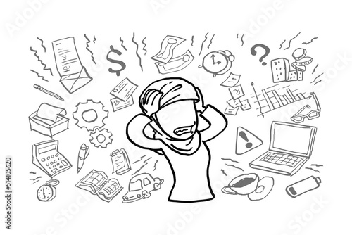 Asian muslim businesswoman stress at work concept. Burnout and unhappy worker. Cartoon vector illustration design