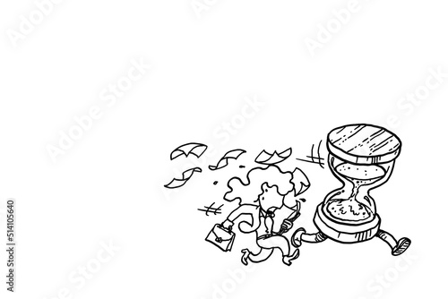 Exhaust business woman running with hourglass. Deadline concept. Cartoon vector illustration design photo