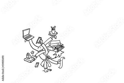 Young businessman manage everything. Multi tasking while facing deadline. Cartoon vector illustration design