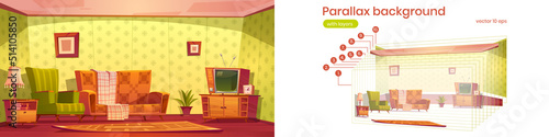 Parallax background for game with vintage living room interior. 2d cartoon apartment, retro lounge with tv, carpet, lamp and picture frames on green wall separated layers, Vector illustration
