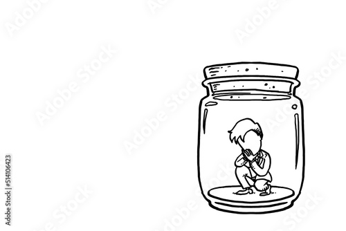 Sad and depressed businessman trapped in a jar. Cartoon vector illustration design
