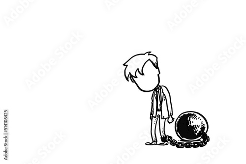 Sad male worker chained and bounded with big iron ball. Concept of trapped with repetitive office life. Cartoon vector illustration design