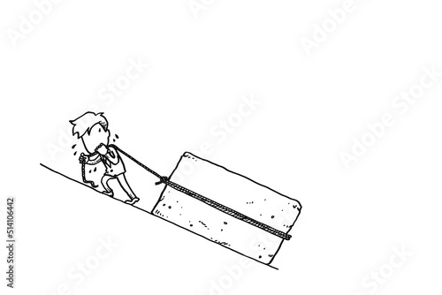 Young businessman pulling big boulder. Concept of hardwork and struggle. Cartoon vector illustration design