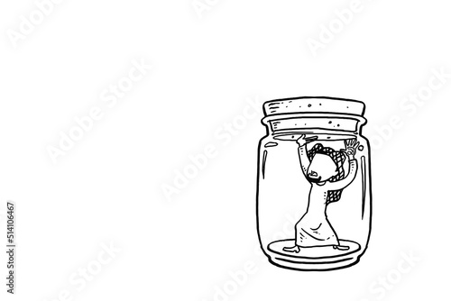 Arab businessman trapped in a jar. Cartoon vector illustration design