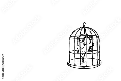 Arab worker locked in cage. Concept of unhappy office life. Cartoon vector illustration design