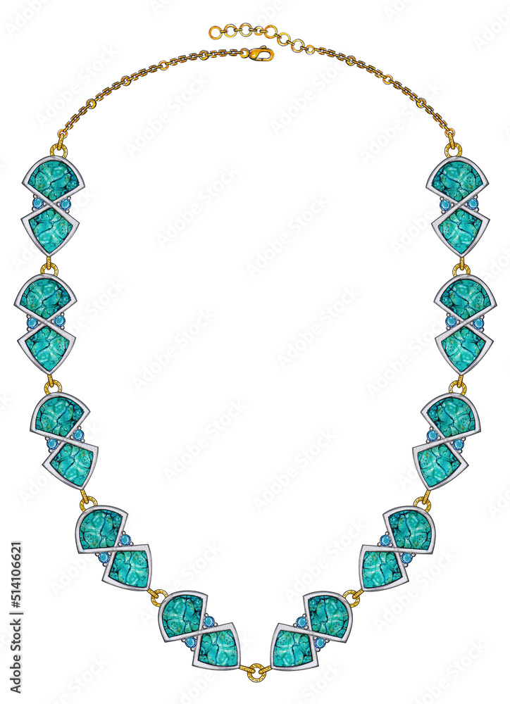 Obraz premium Jewelry design modern art fancy turquoise necklace. Hand drawing and painting on paper
