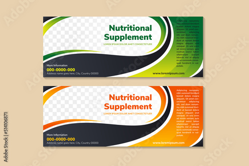Natural supplement horizontal banner design template with black gradient background. Space of photo collage and text. Combination green, white and orange on element design.
