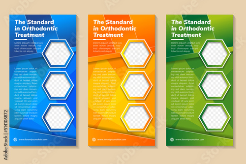 Set of polygonal Business Roll Up Banner flat design template for the standard orthodontic treatment. Blue, green and orange colors background and elements. space for photo and text.