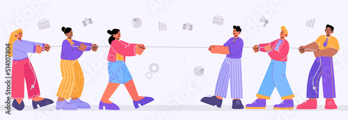Gender team rivalry, men tug of war with women. Male and female business characters wrestling. Concept of feminism and patriarchy office fight battle for leadership, Line art flat vector illustration