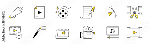 Video edition doodle icons vector set. Film, scissors, paint brush and camcorder. Sliders, loudspeaker, play button and reel. Pen with paper contract, arrow, music app and monitor