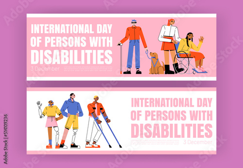 International day of persons with disabilities posters. Vector banners with flat illustration of girl in wheelchair, blind with guide dog, man and woman with prosthesis