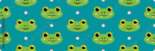 Wide horizontal vector seamless pattern background with cute cartoon style green frogs and pink flowers. 