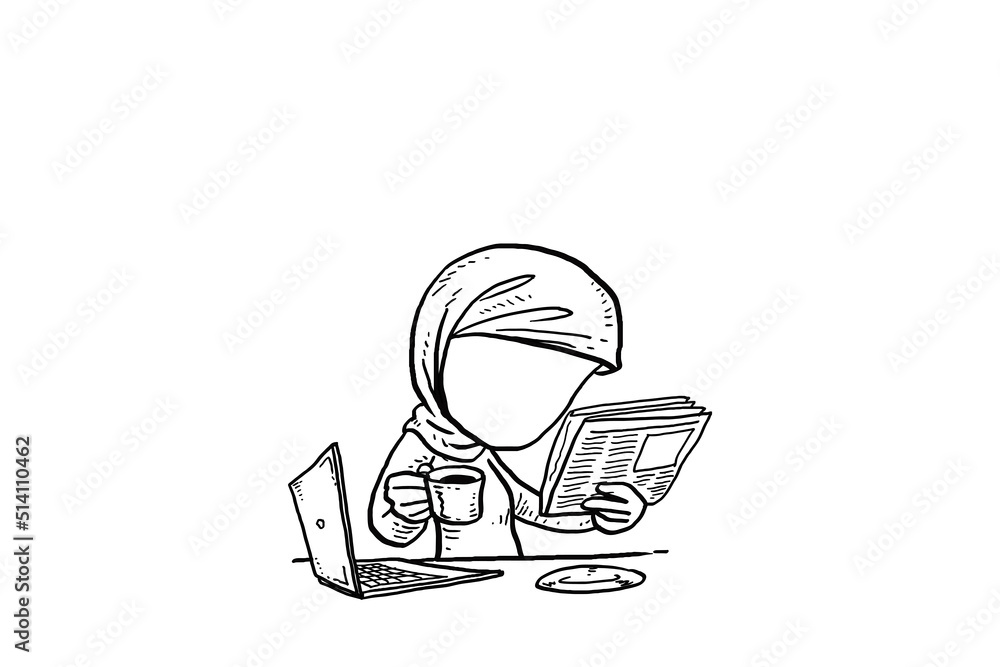 Relax asian muslim business woman reading newspaper, while sipping tea. Cartoon vector illustration design Relax asian muslim business woman reading newspaper, while sipping tea. Cartoon vector illustration design