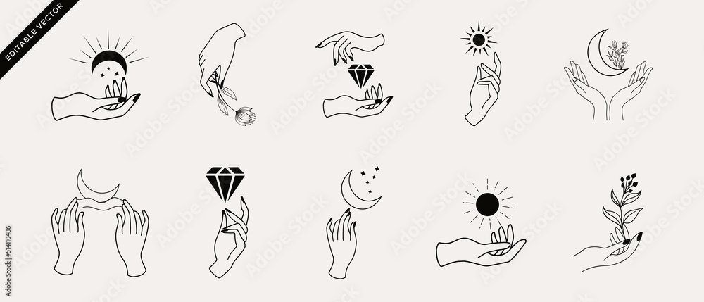 A set of Woman's hand icon collections in a minimal linear style. Vector logo design Templates with different hand gestures, Crystal. For cosmetics, beauty, tattoo, Spa, feminine, and jewelry stores.