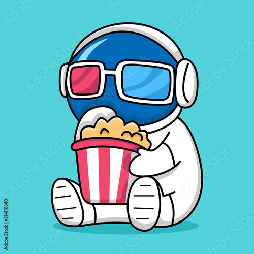 cute astronaut eating popcorn cartoon design